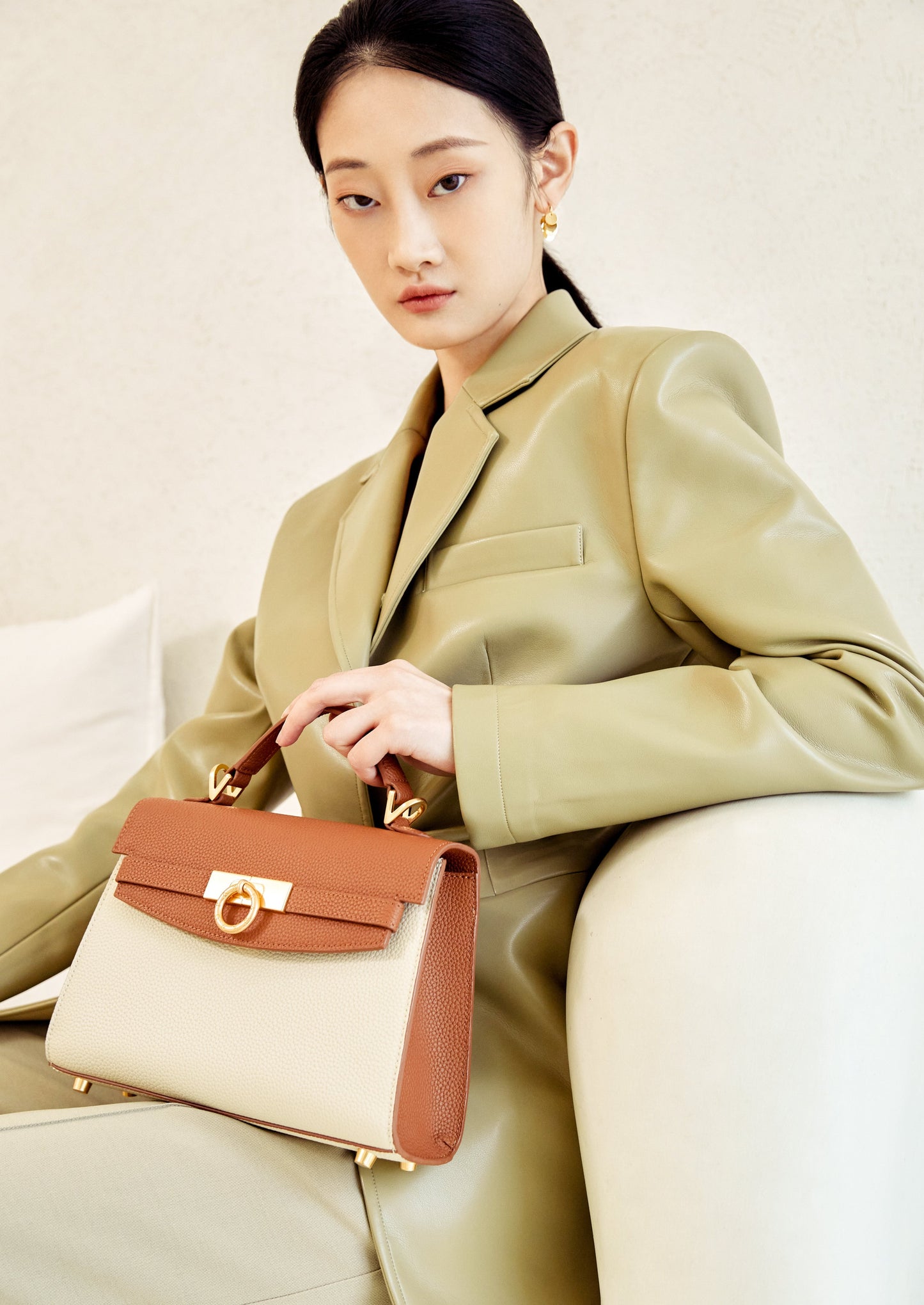 Unlocked Top Handle Bag in Cream Brown | Parisa Wang