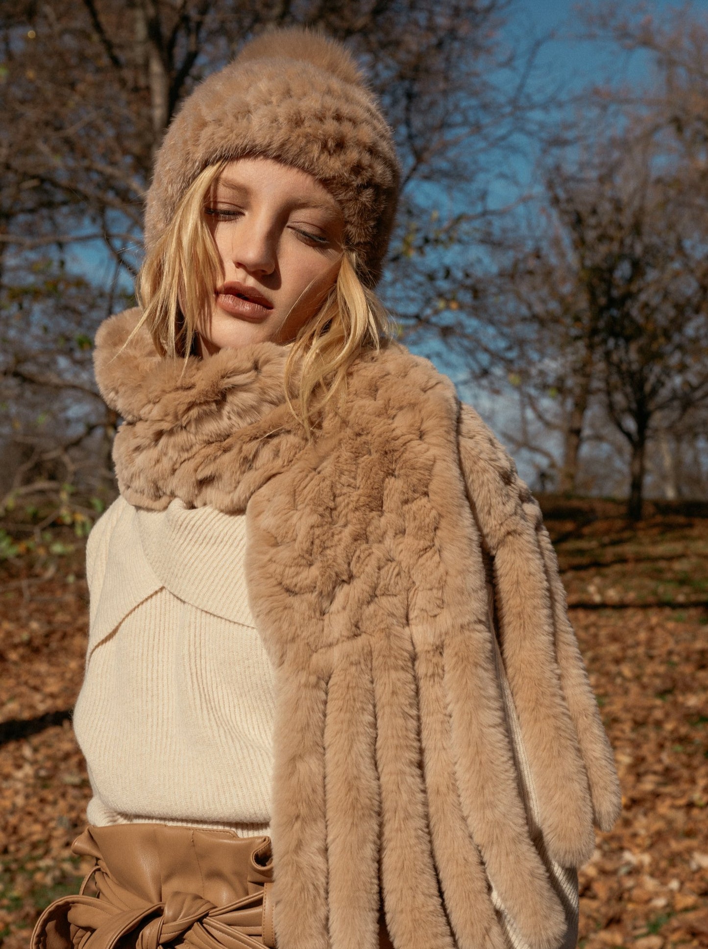 Knitted Mink Hat in Sand | Parisa Wang