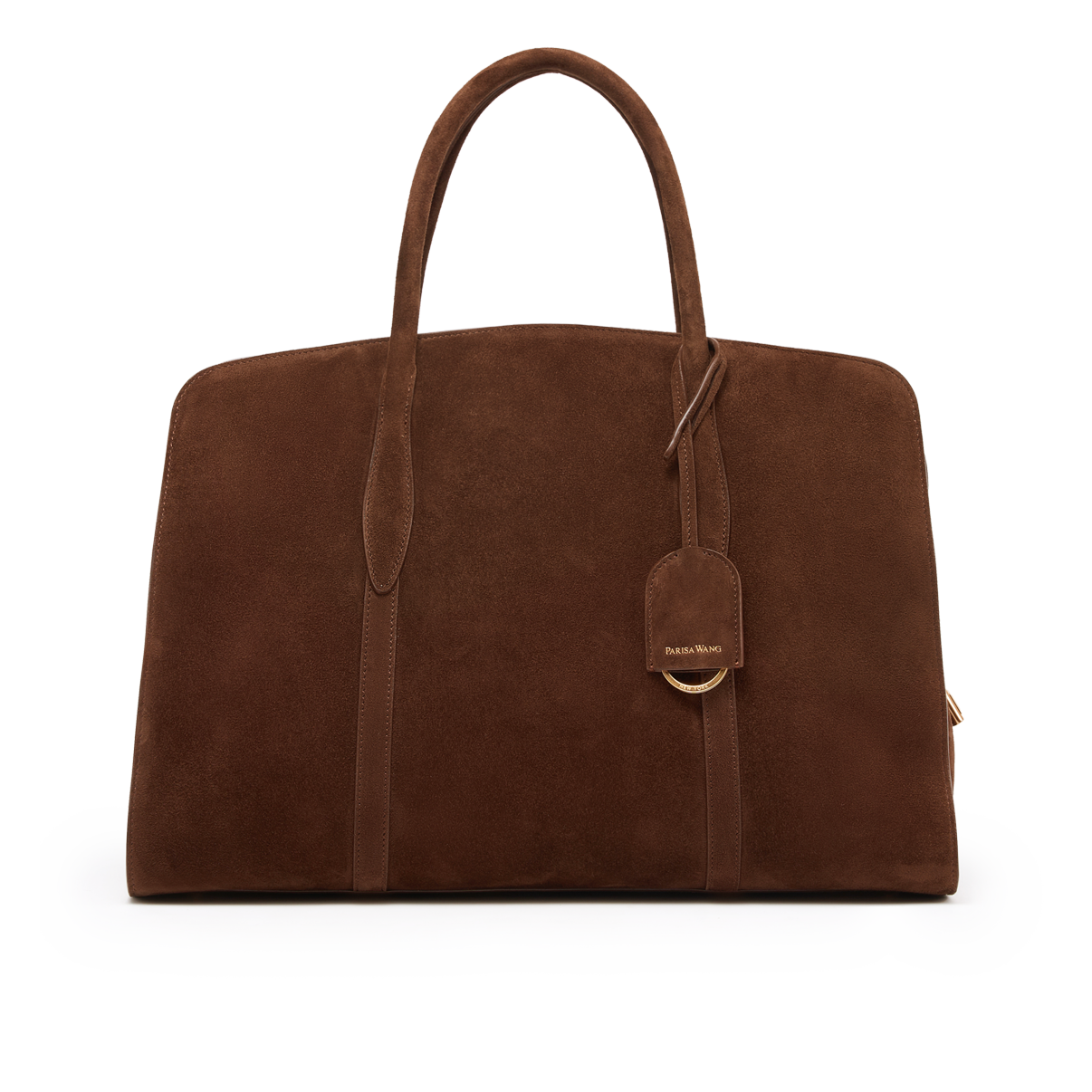 Gabrielle 38 suede top-handle, soft but structured, quiet-luxury work bag.