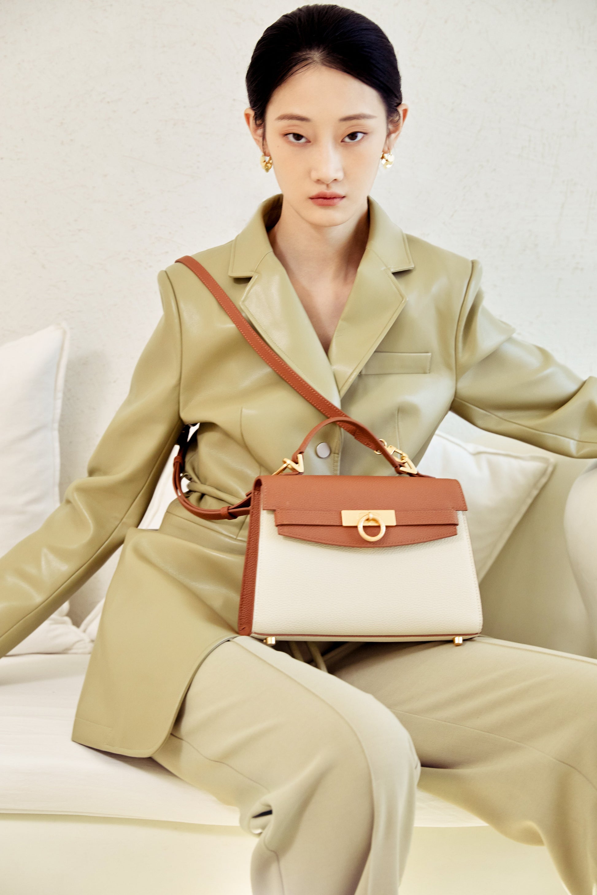 Unlocked Top Handle Bag in Cream Brown | Parisa Wang