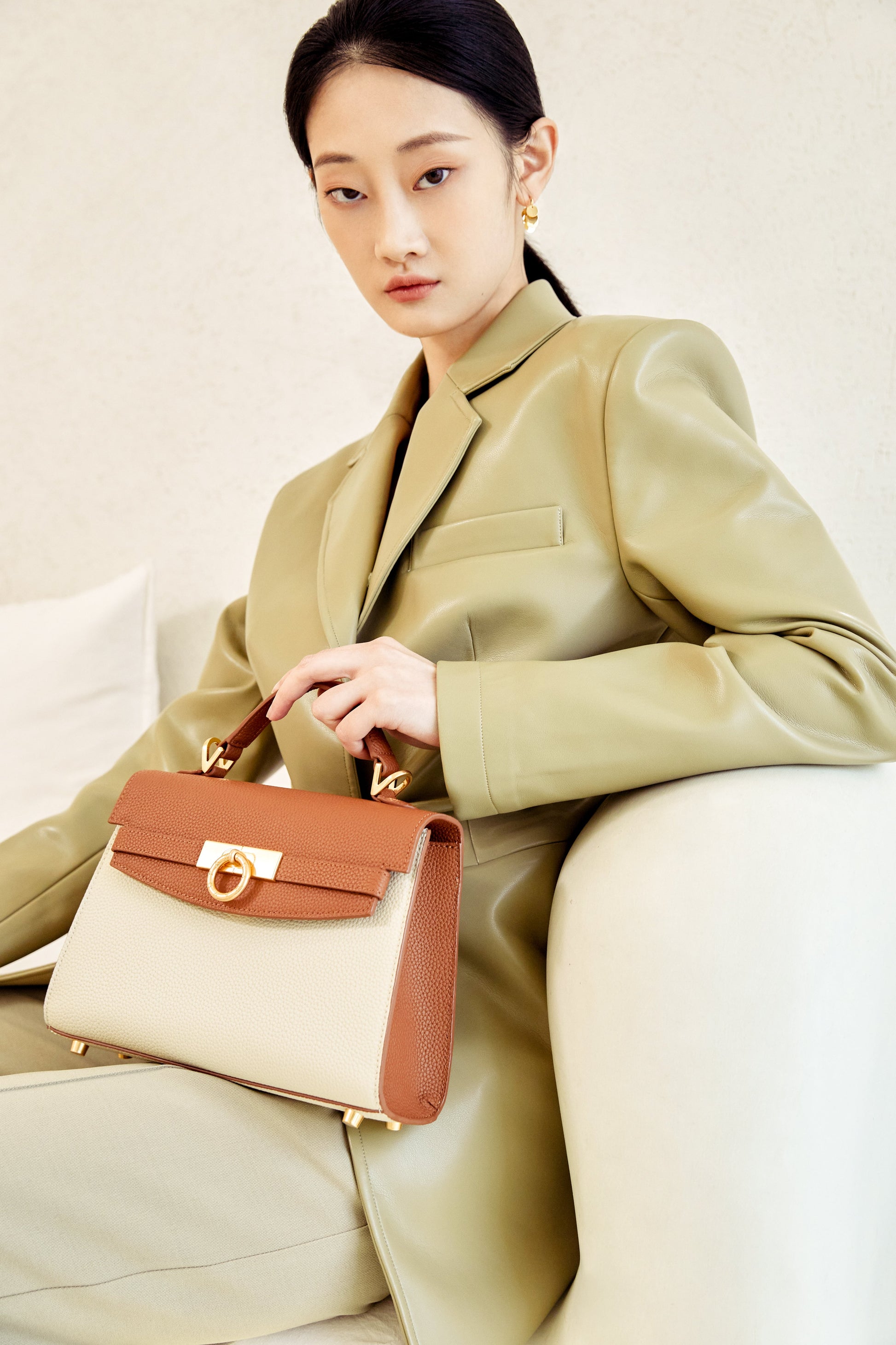 Unlocked Top Handle Bag in Cream Brown | Parisa Wang
