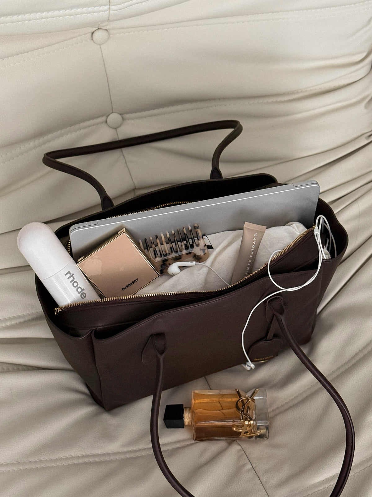 Gabrielle East-West Tote holding a laptop and everyday essentials.