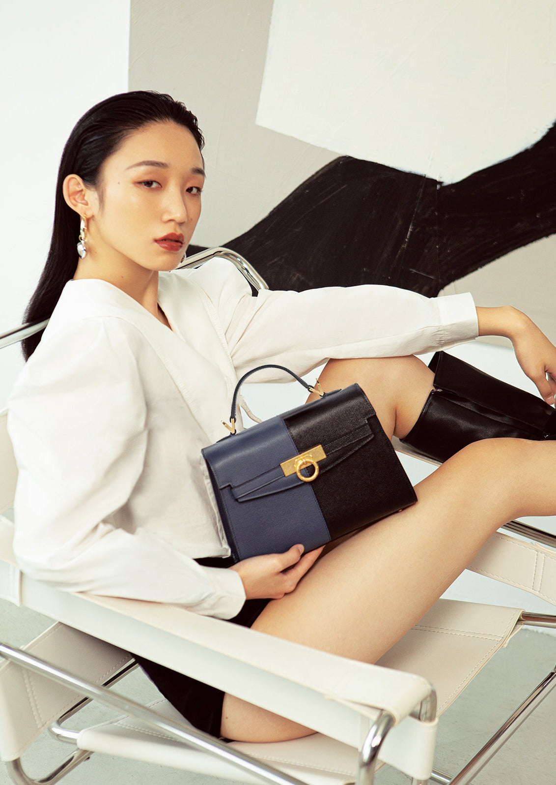 Unlocked Top Handle Bag in Navy Black | Parisa Wang | Featured