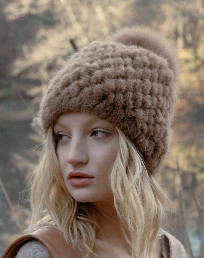 Knitted Mink Hat in Brown | Parisa Wang | Featured