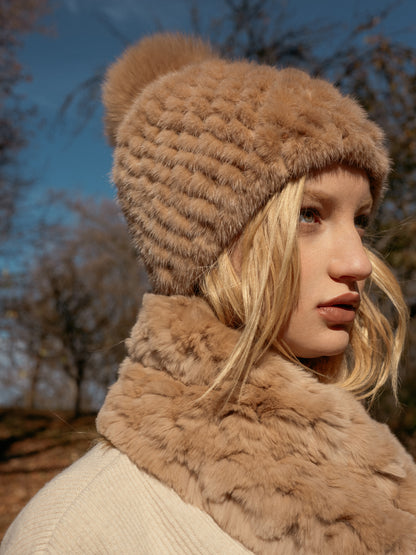 Knitted Mink Hat in Sand | Parisa Wang 