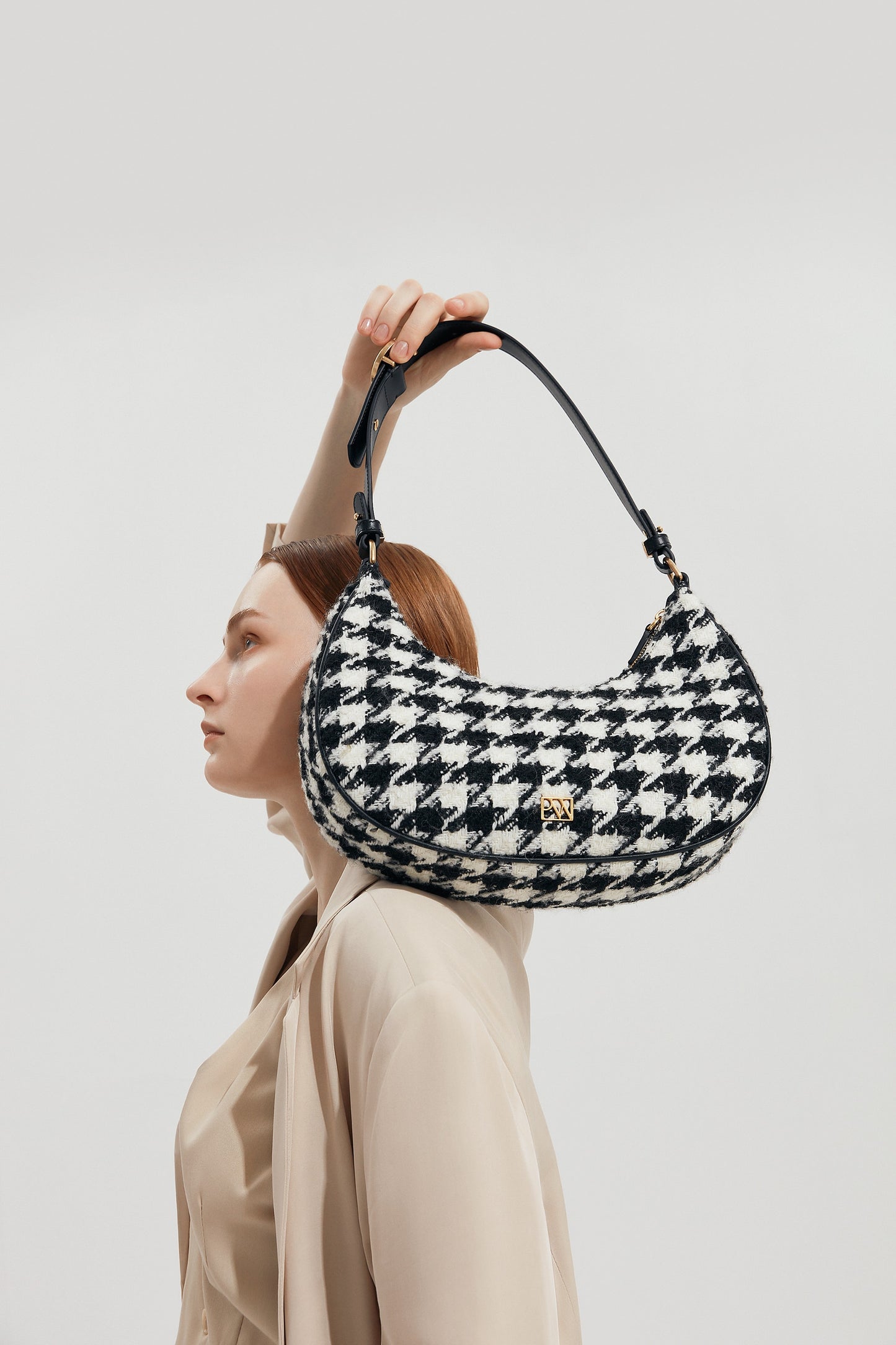 Charmed Medium Baguette Bag in Black Houndstooth | Parisa Wang | Featured 