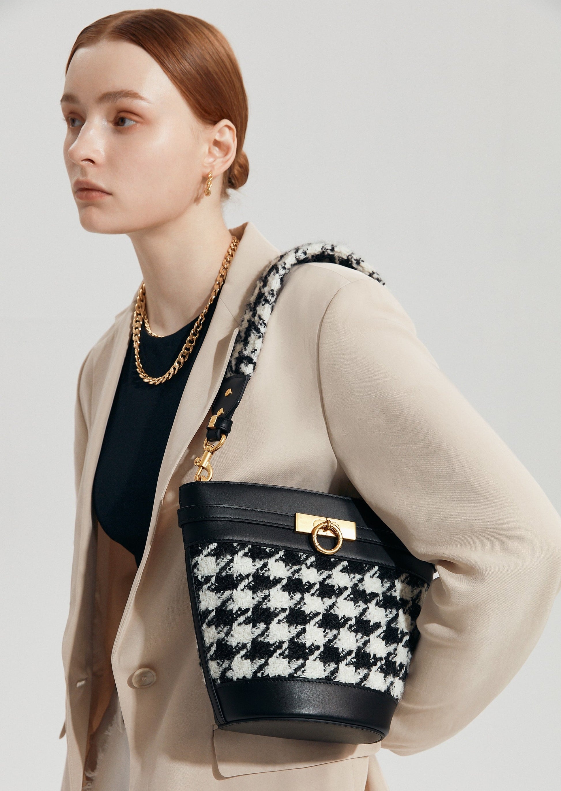 Unlocked Bucket Bag in Black Houndstooth | Parisa Wang | Featured