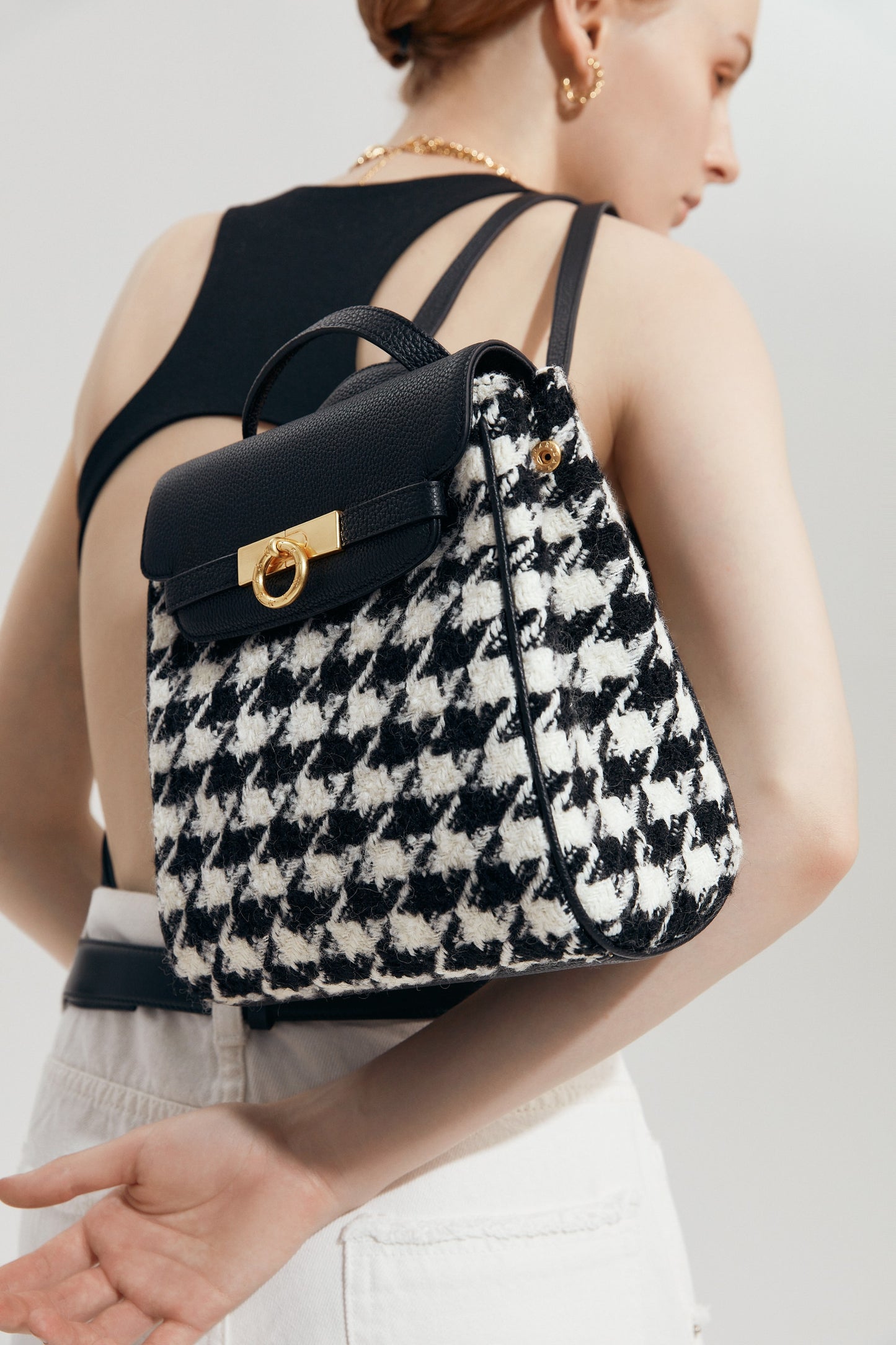 Unlocked Small Backpack in Black Houndstooth | Parisa Wang  | Featured